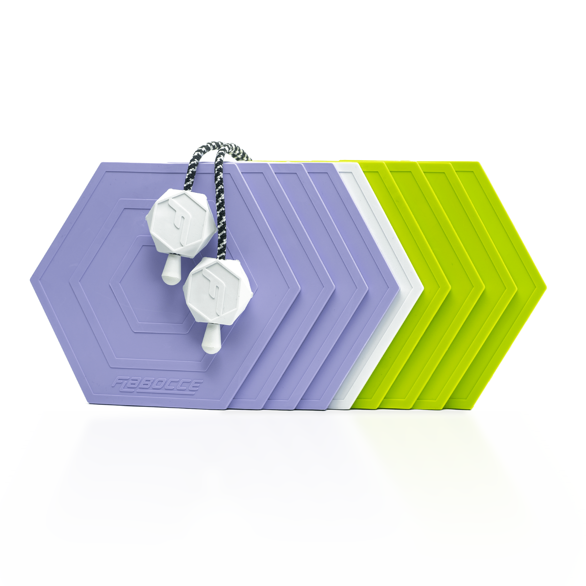 The Gardener flat bocce set with lavender and lime green flabs