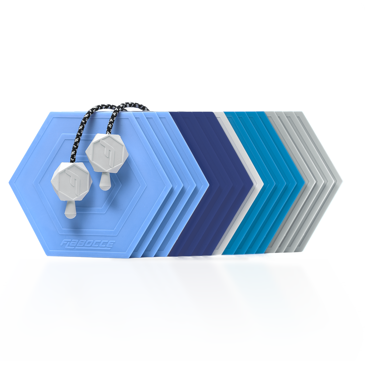 The Lake Effect flat bocce set with cornflower, navy blue, lake blue and silver flabs