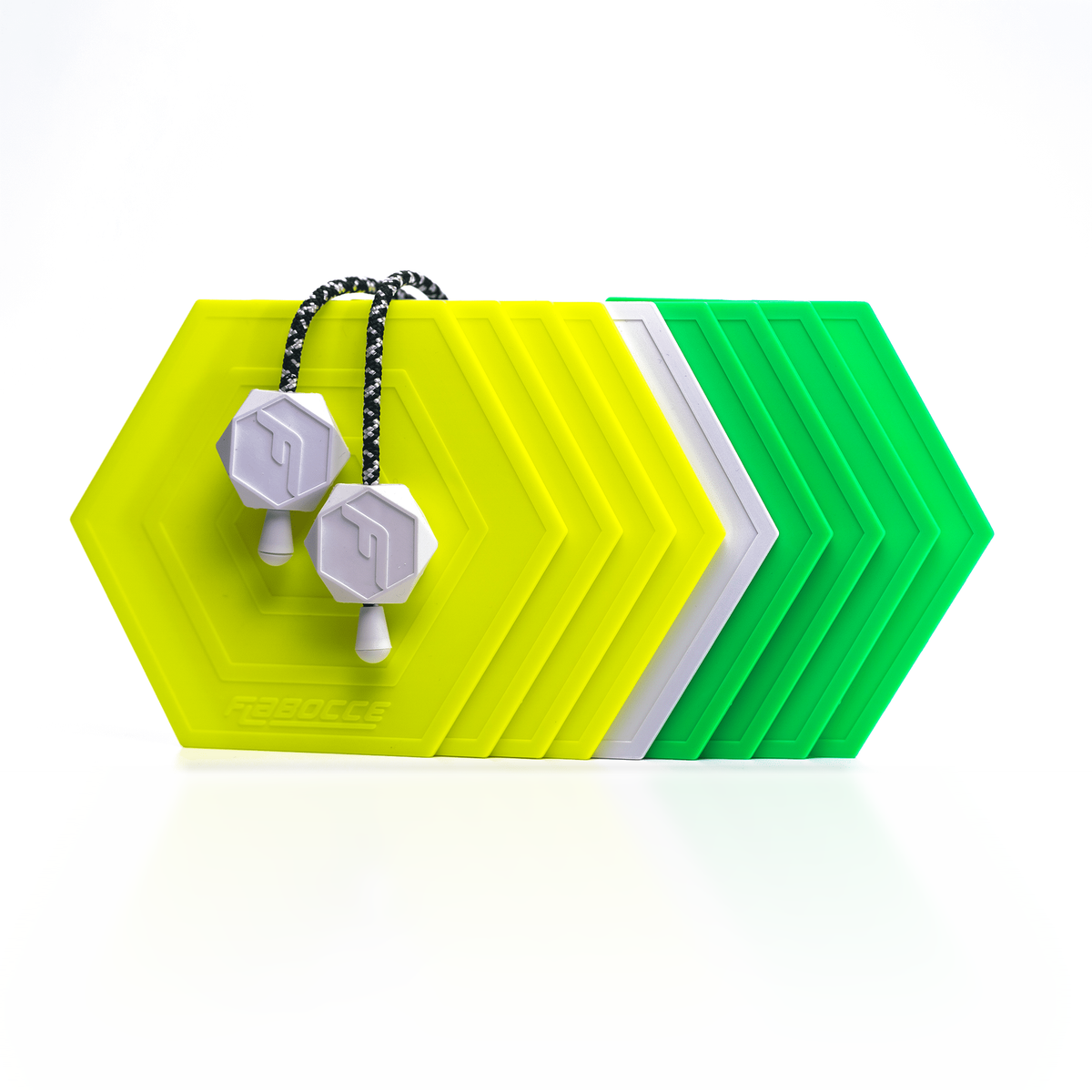 The Lemon Lime flat bocce set with yellow and green flabs