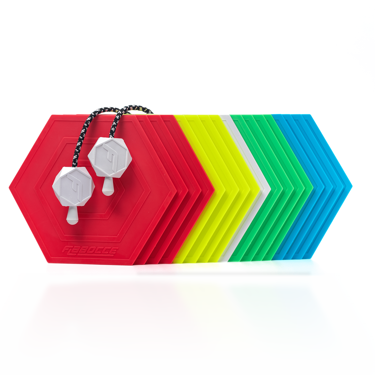 The OG 4 Color flat bocce set with blue, red, green and yellow flabs and the Tie Breaker Tool