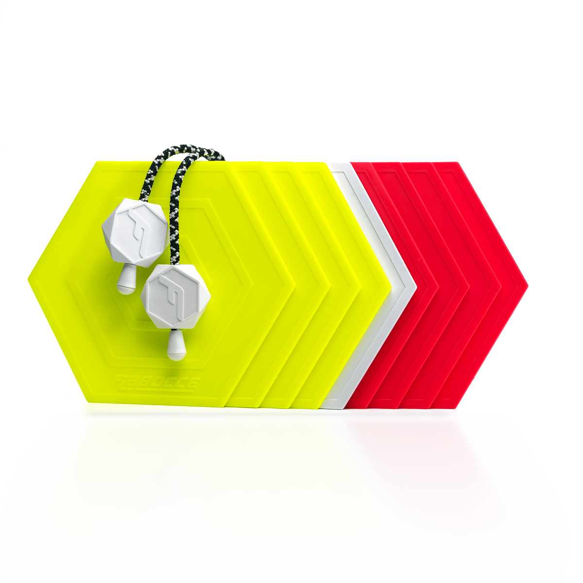 The Ronald flat bocce set with yellow and red flabs
