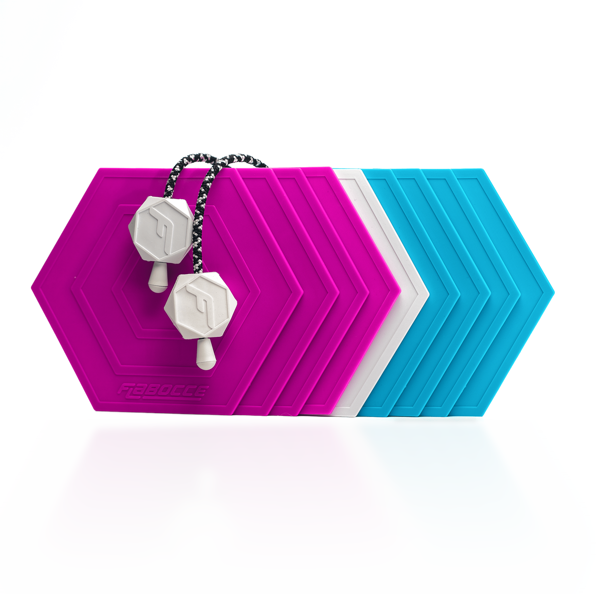 The Super Berry flat bocce set with blue and fuchsia flabs