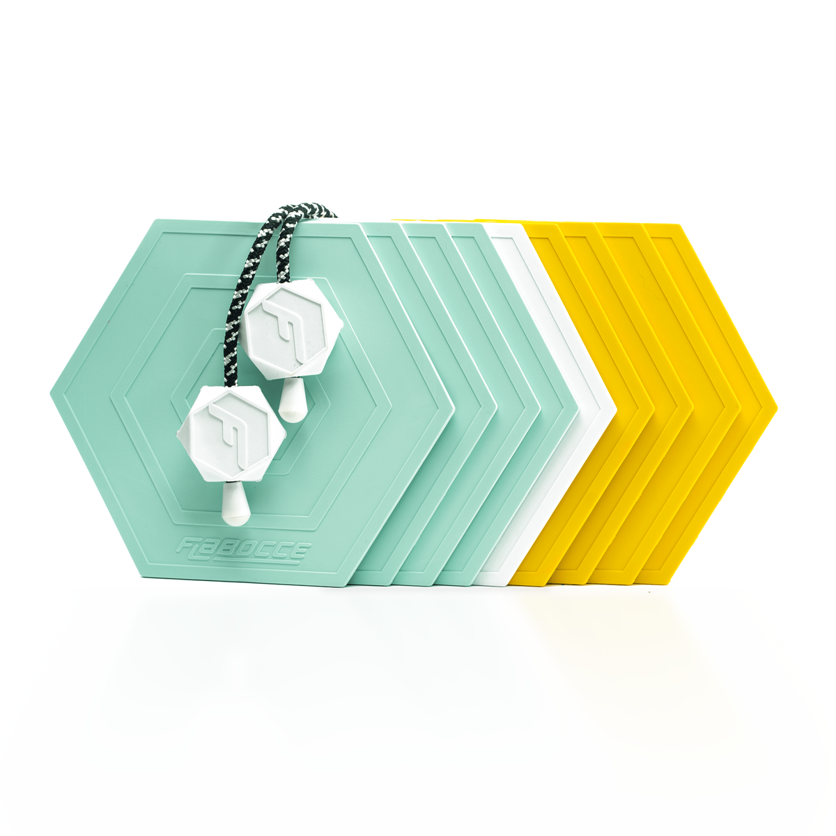 The Sorbet flat bocce set with ice blue and mellow yellow flabs