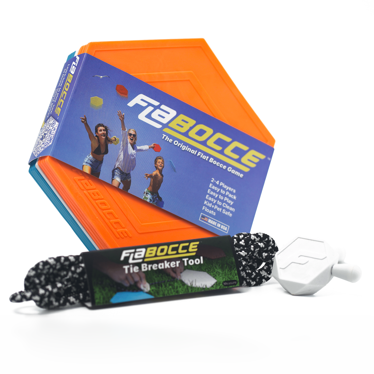 The Tiger flat bocce set in its Flabocce packaging with the Tie Breaker Tool