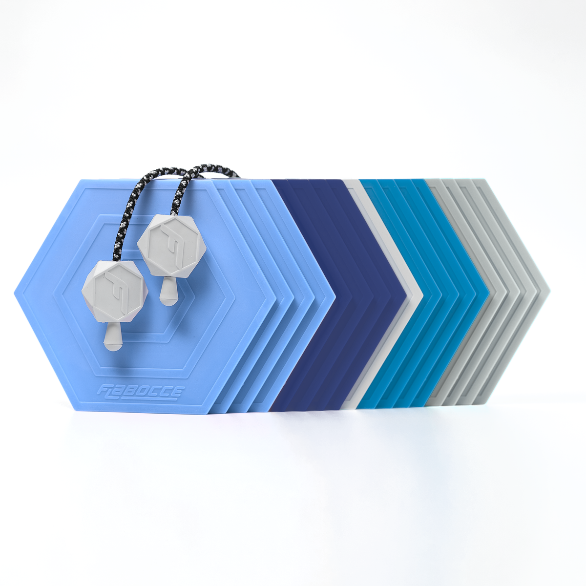 The Lake Effect Flabocce set: cornflower, navy, Lake Blue and silver flabs with the Jack