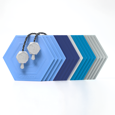 The Lake Effect Flabocce set: cornflower, navy, Lake Blue and silver flabs with the Jack