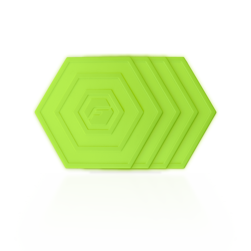 Lime Green Flab 4-Pack: four soft hexagon flabs for flat bocce, stacked