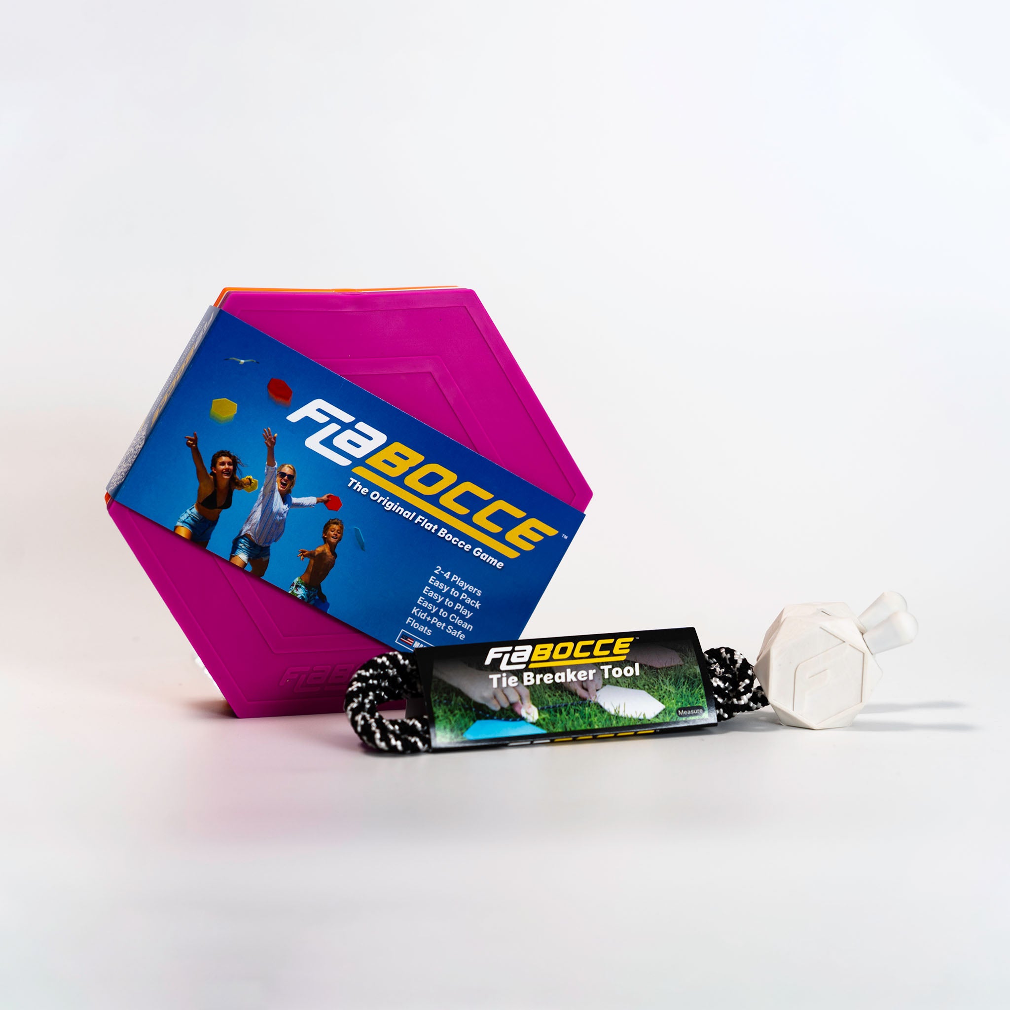 Flabocce Tailgate Game set with a purple and orange hexagonal game pieces and a tie breaker tool in package on white background